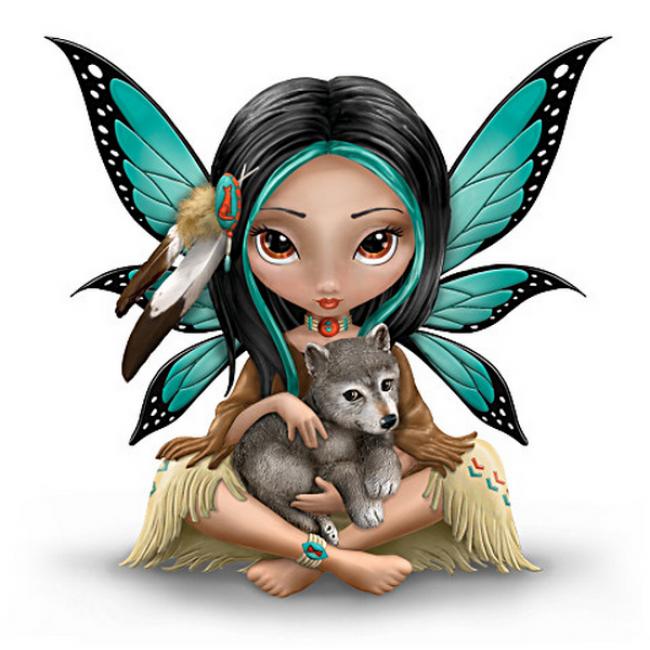 Mystical Fairy With Wolf Figurine víla soška s vlčetem