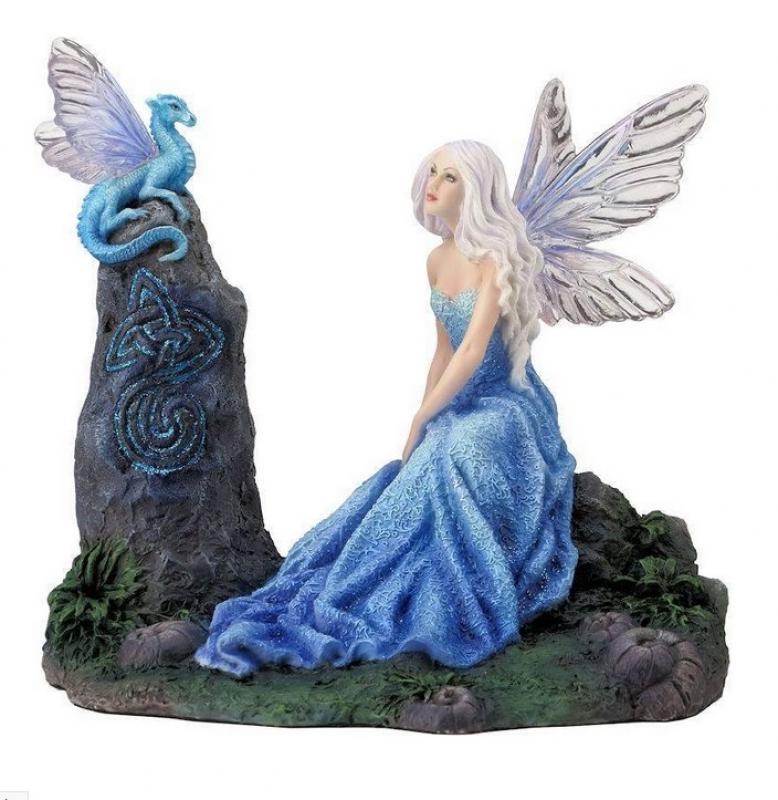 Luminescent Fairy & Small Teal Dragon Atop A Rock The Premium Figure Diorama   soška drak a víla